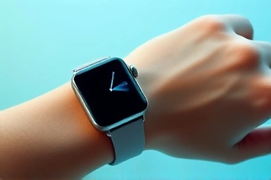 Futuristic smartwatch displaying abstract health data.